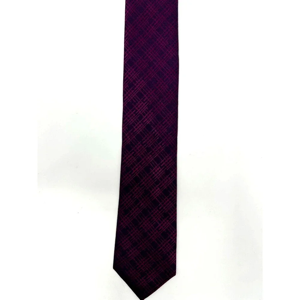 Calvin Klein Men’s Tie Purple Magenta Plaid Geometric Skinny  57.5